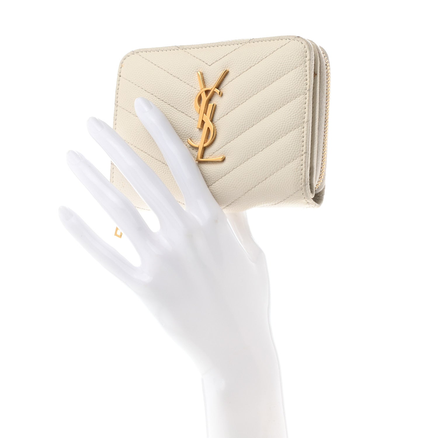 Saint Laurent Grain De Poudre Matelasse Chevron Monogram Compact Zip Around Wallet Crema Soft 2 of 9