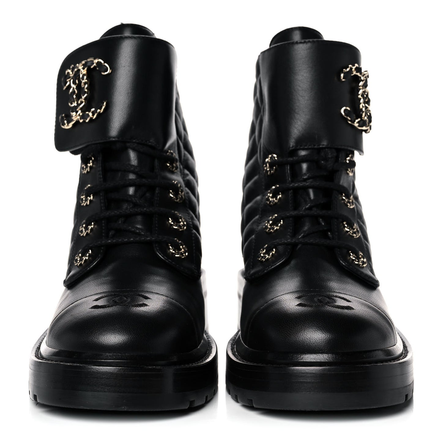 Shiny Lambskin Quilted Lace Up Combat Boots 39 Black