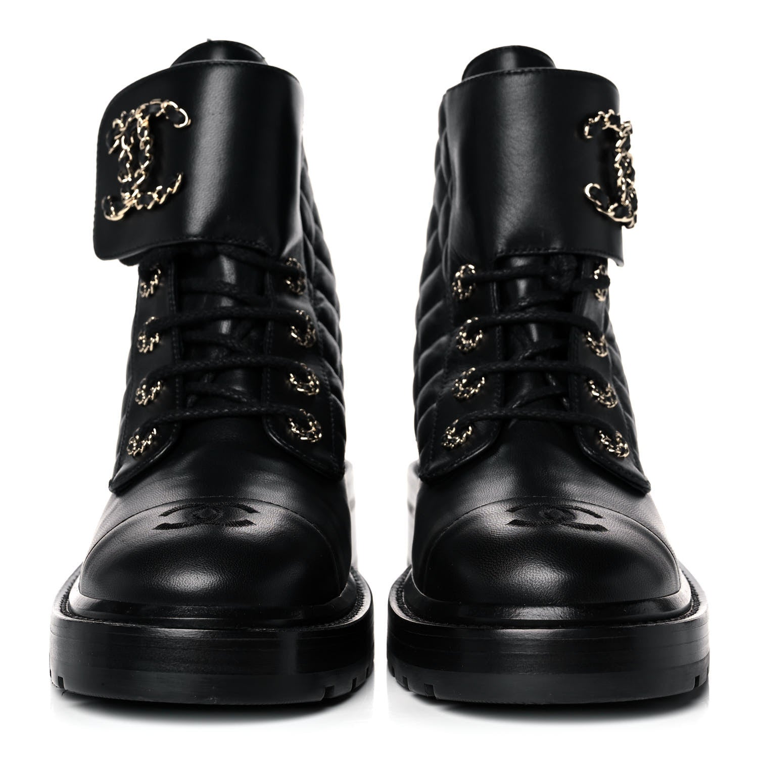 Chanel Shiny Lambskin Quilted Lace Up Combat Boots 39 Black 2 of 9