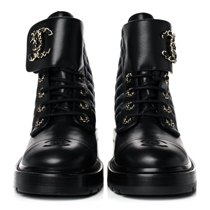 Chanel Shiny Lambskin Quilted Lace Up Combat Boots 39 Black 2 of 9