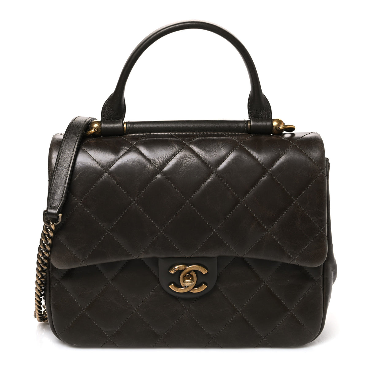 Chanel Glazed Calfskin Quilted Large Gold Bar Top Handle Flap Dark Grey 1 of 9