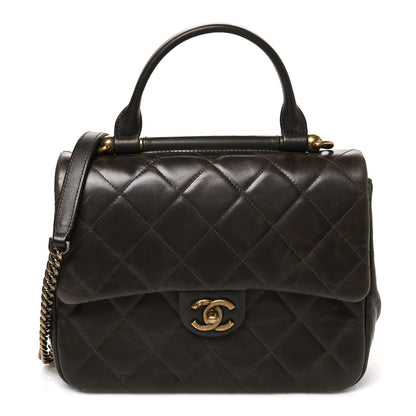 Chanel Glazed Calfskin Quilted Large Gold Bar Top Handle Flap Dark Grey 1 of 9