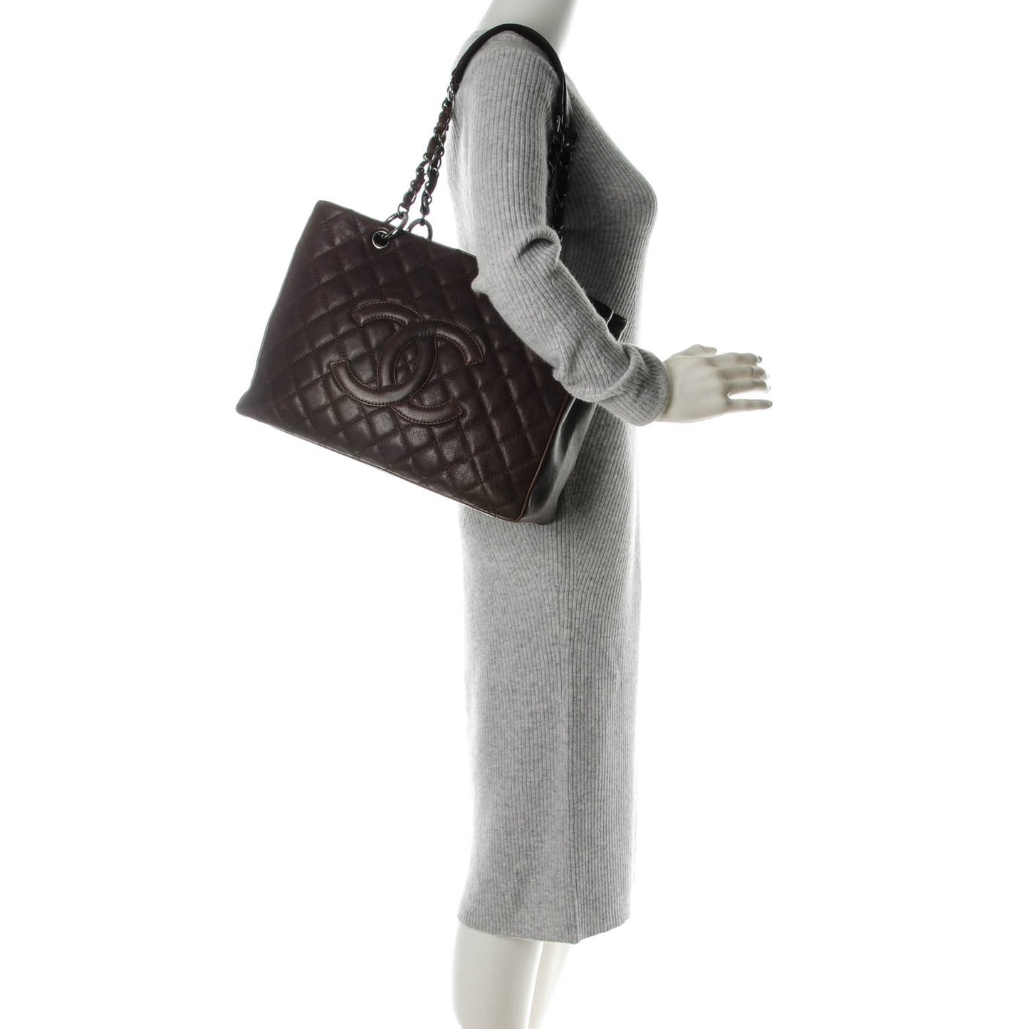 Calfskin Quilted Grand Shopping Tote GST Dark Brown