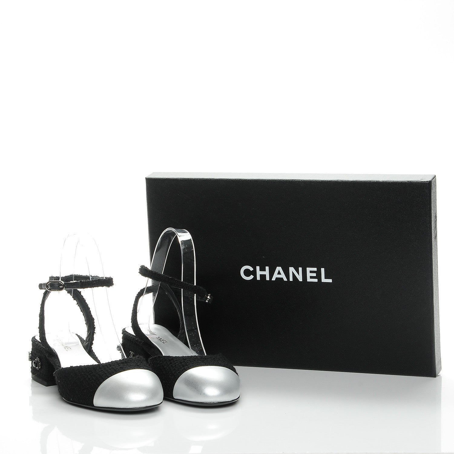 Chanel Tweed Iridescent Calfskin Heels 37 Black Silver 9 of 9