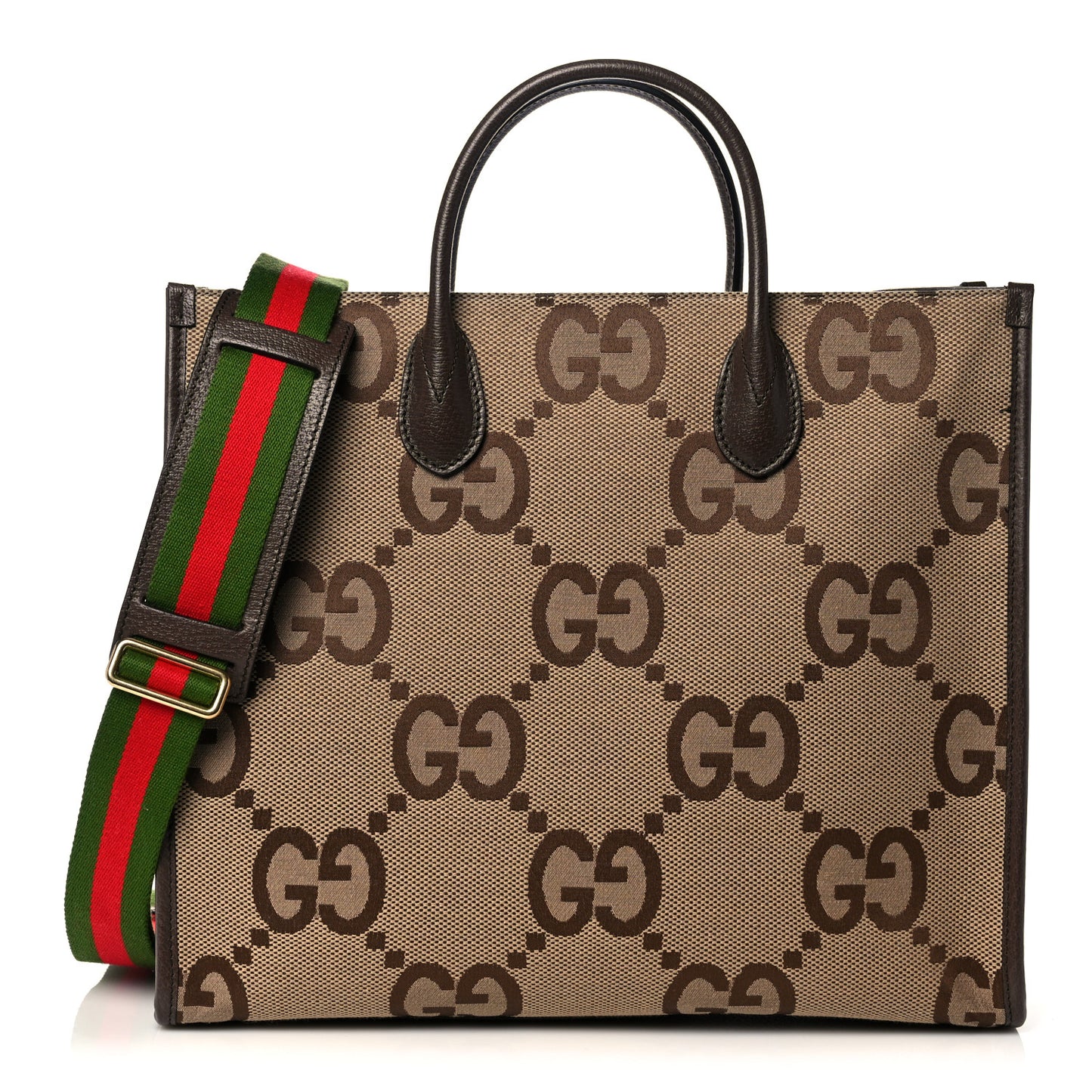 Monogram Jumbo GG Textured Dollar Calfskin Web Tote Bag Camel Ebony New Acero