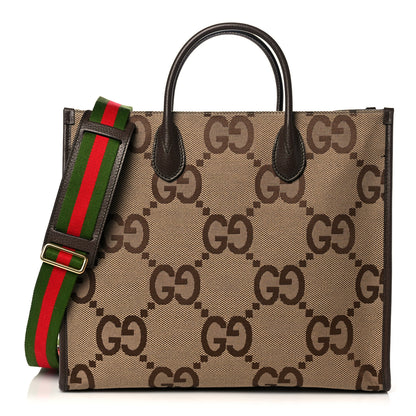 Gucci Monogram Jumbo GG Textured Dollar Calfskin Web Tote Bag Camel Ebony New Acero 1 of 9