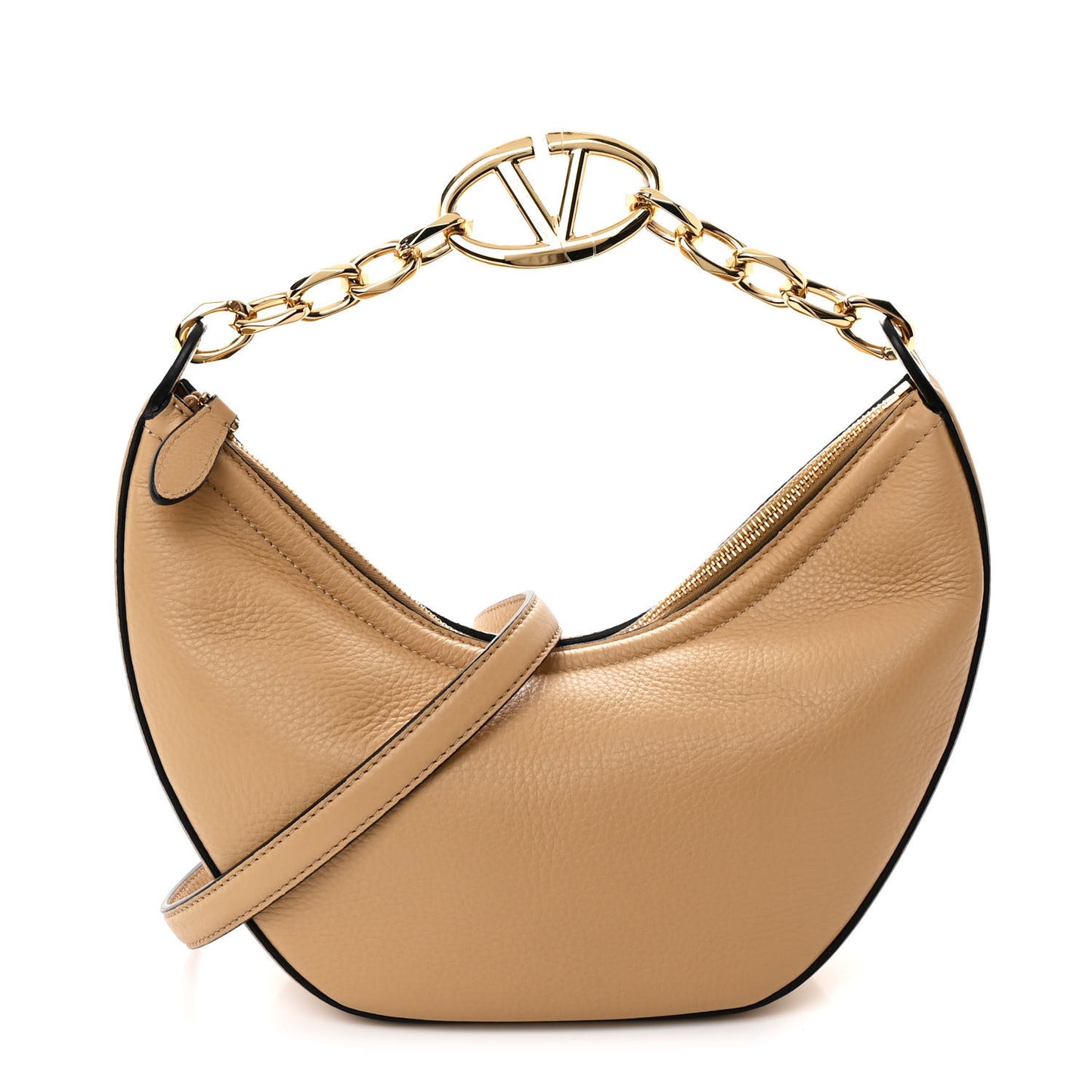 Grainy Calfskin Small Vlogo Moon Hobo Bag Cappuccino