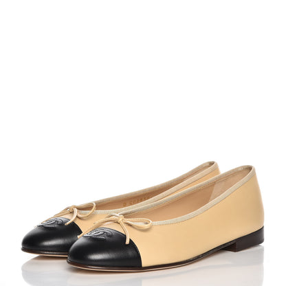 Chanel Lambskin Cap Toe Ballerina Flats 37 Beige Black 3 of 9
