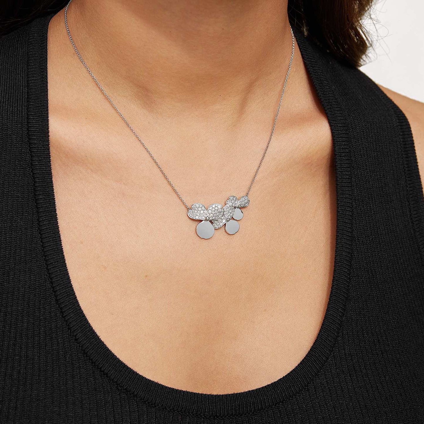 Platinum Diamond Mini Paper Flowers Cluster Pendant Necklace