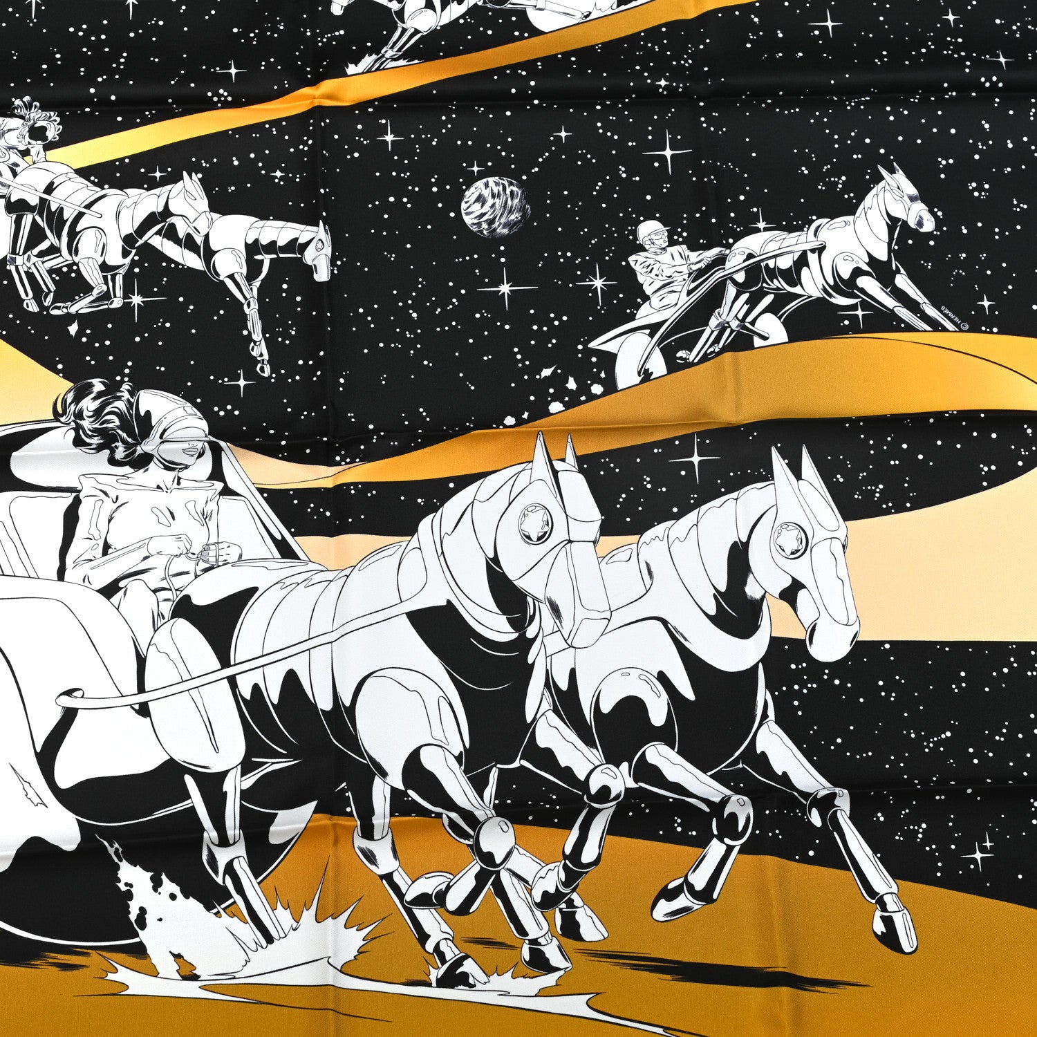 Hermes Silk Space Derby Scarf 90 Black White Gold 6 of 6