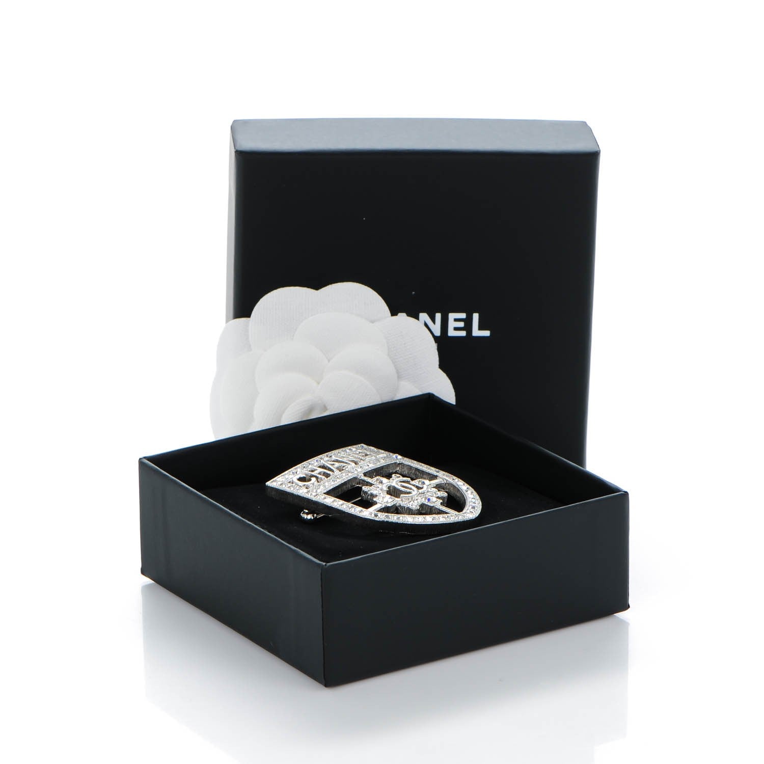 Chanel Swarovski Baguette Crystal CC Shield Brooch Silver 5 of 5
