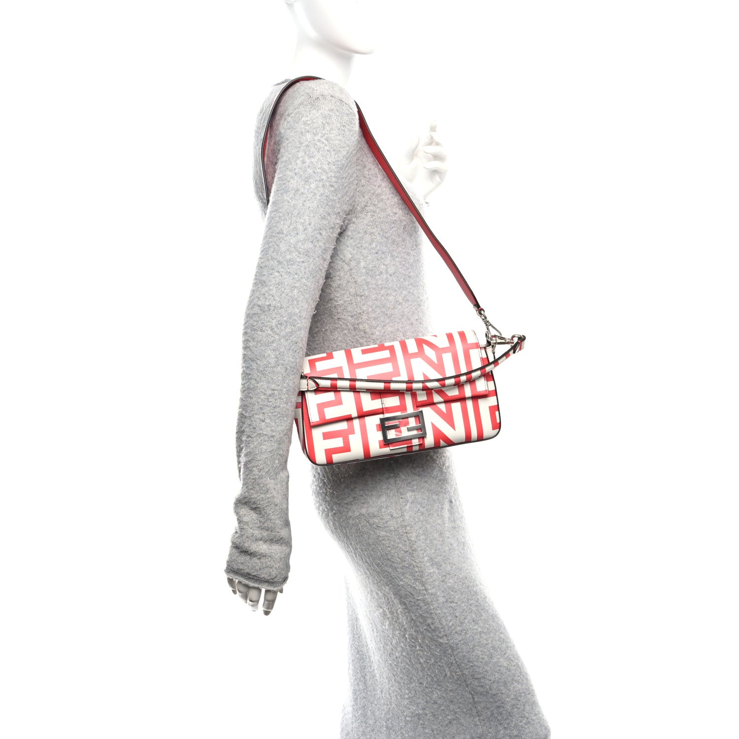 Fendi X MARC JACOBS Vitello Seta Logo Print Baguette Glow Coral White 2 of 10
