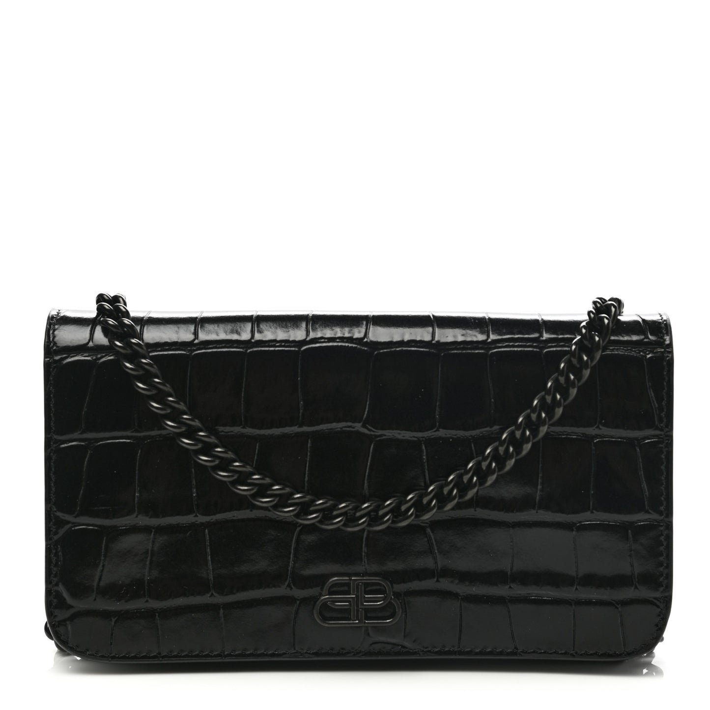 Shiny Calfskin Crocodile Embossed BB Phone Holder Wallet On Chain Black