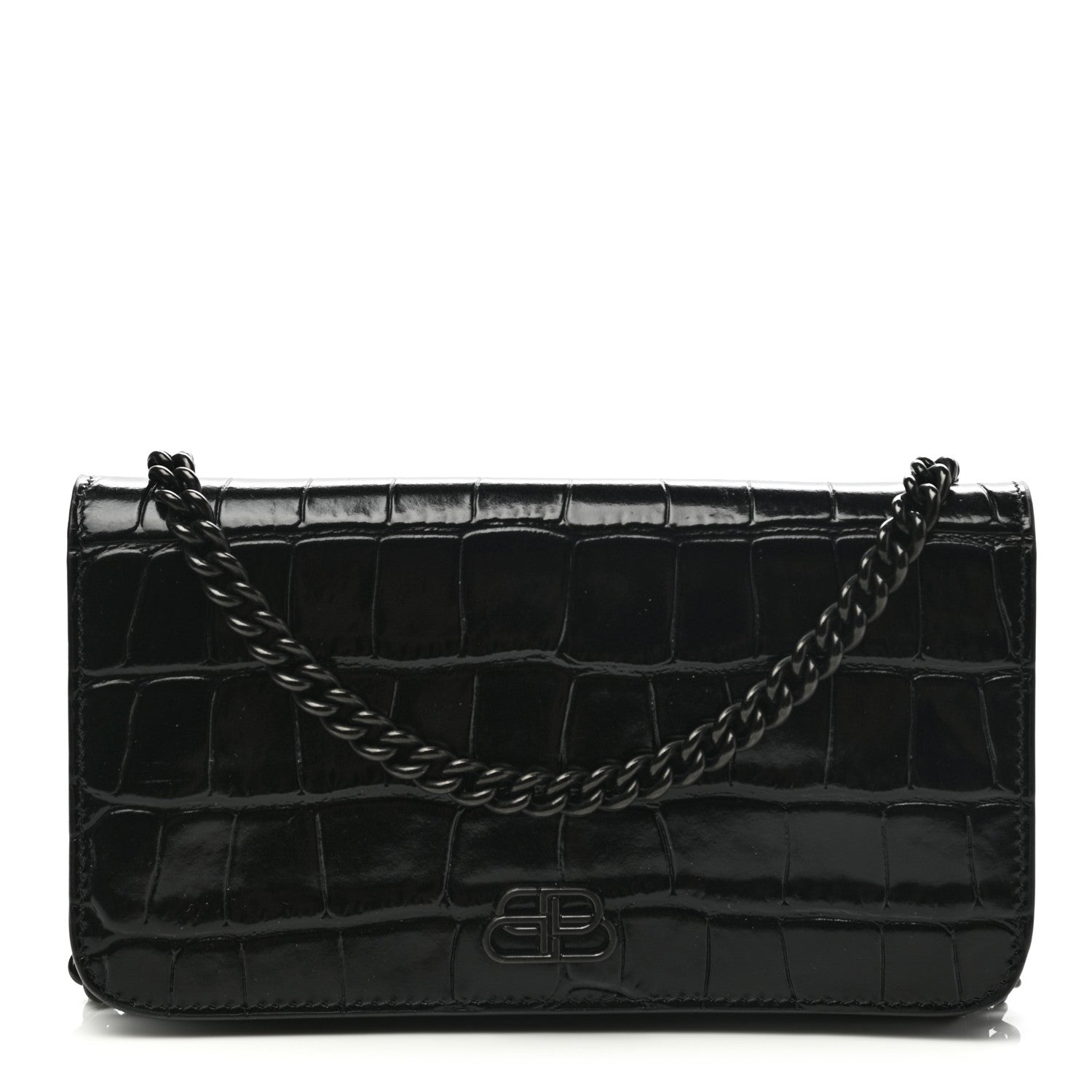 Balenciaga Shiny Calfskin Crocodile Embossed BB Phone Holder Wallet On Chain Black 1 of 7
