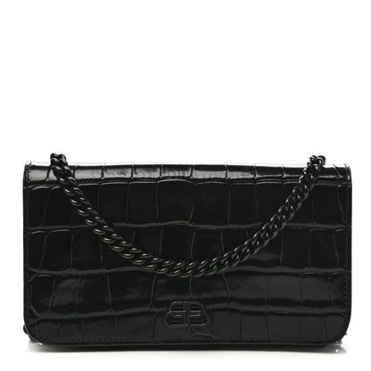 Balenciaga Shiny Calfskin Crocodile Embossed BB Phone Holder Wallet On Chain Black 1 of 7