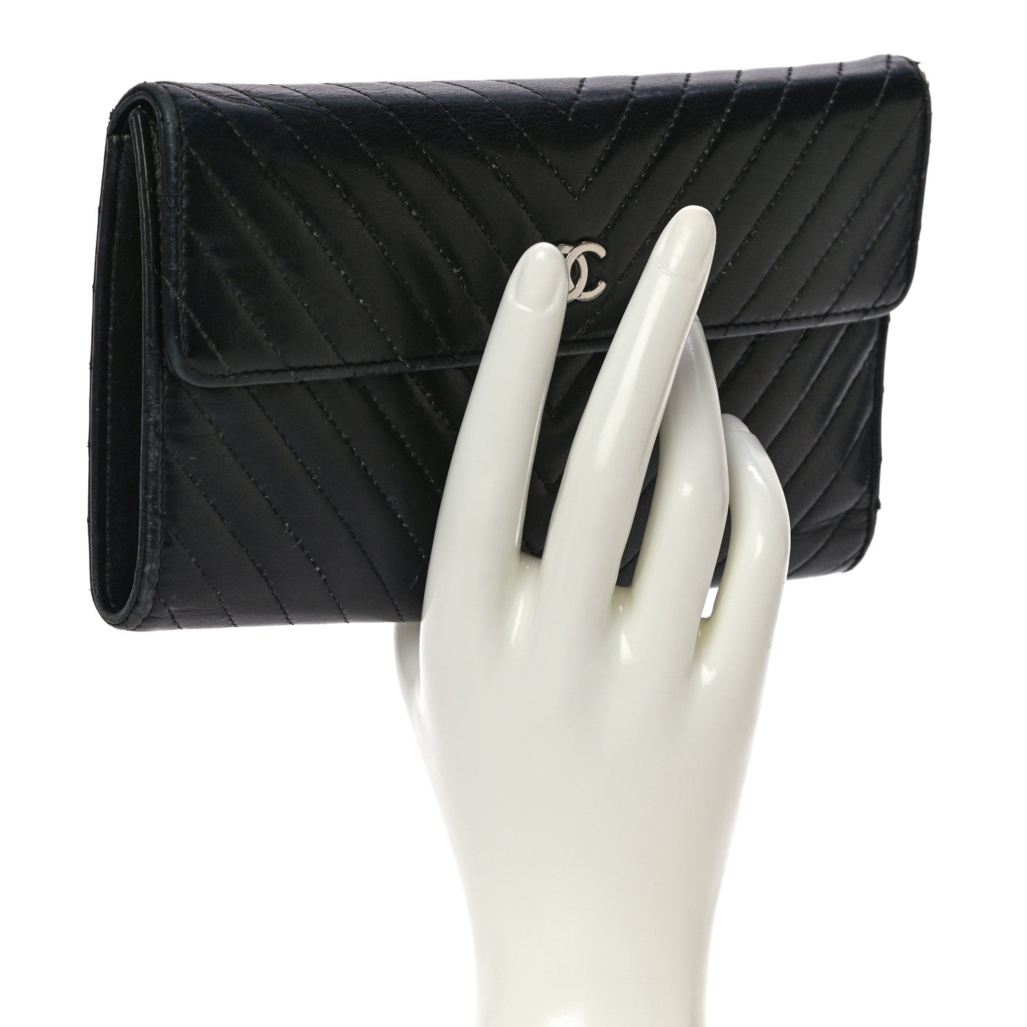 Chanel Lambskin Chevron Quilted Large Flap Clutch Wallet Black 2 of 22