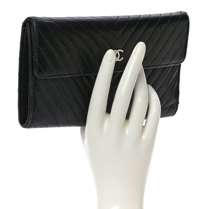 Chanel Lambskin Chevron Quilted Large Flap Clutch Wallet Black 2 of 22