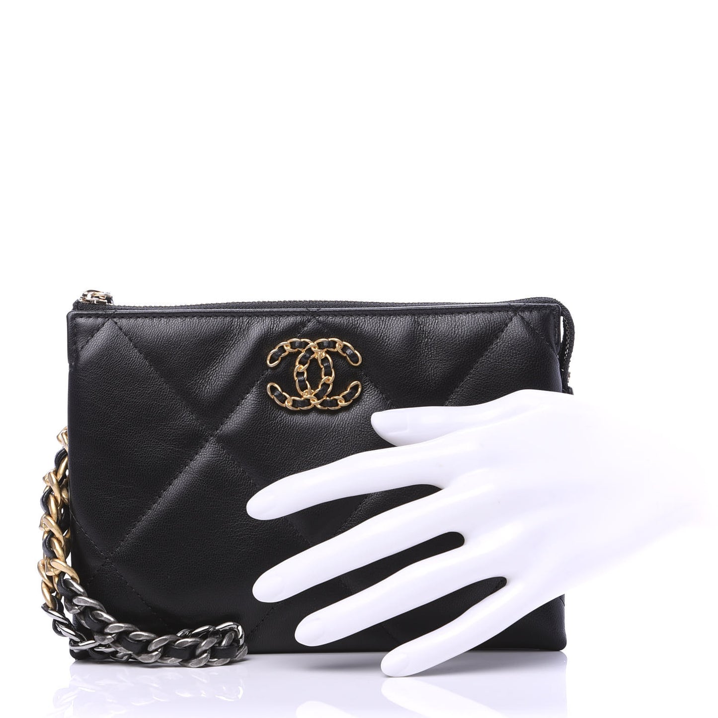 Shiny Goatskin Quilted Small Chanel 19 Pouch With Handle Black