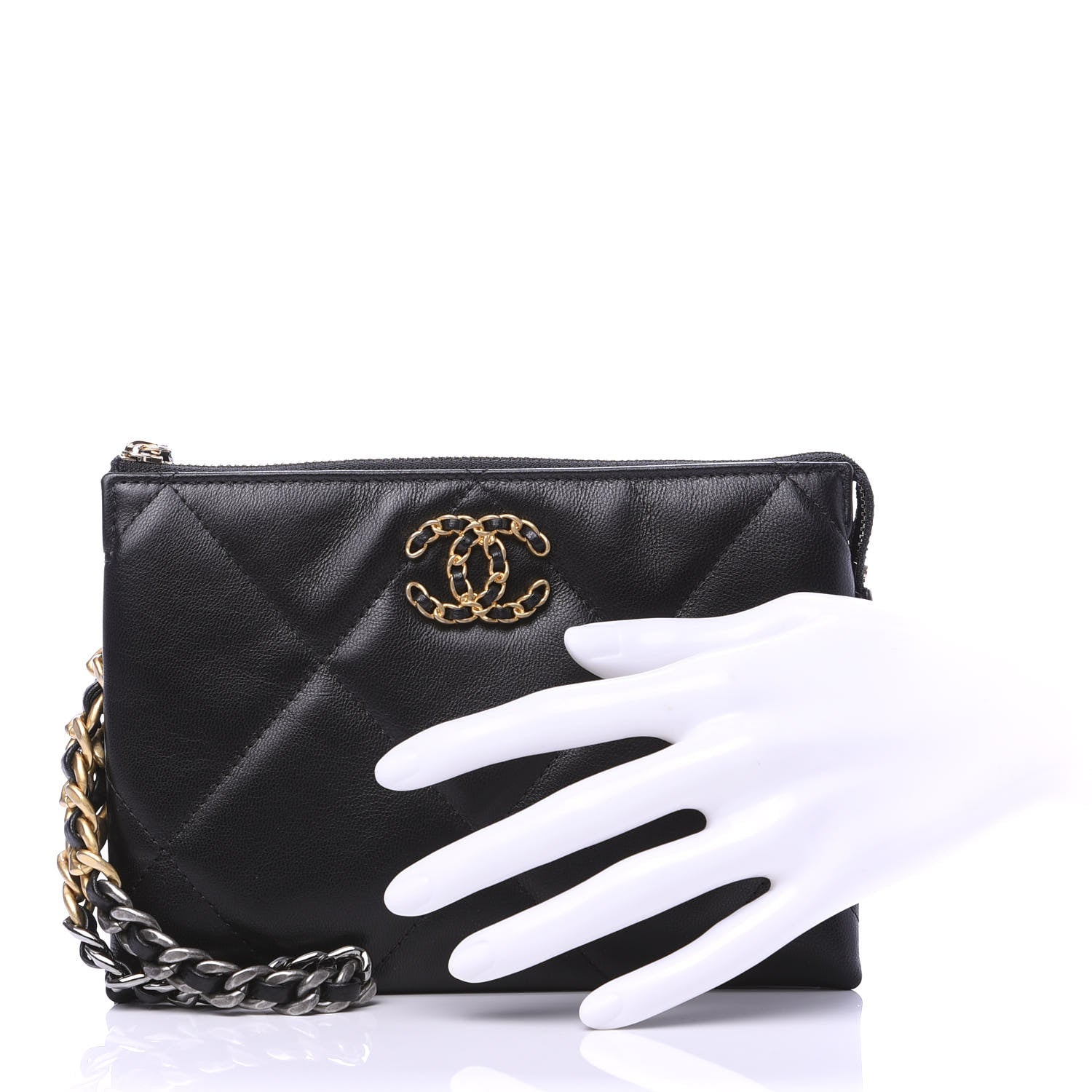 Chanel Shiny Goatskin Quilted Small Chanel 19 Pouch With Handle Black 2 of 9