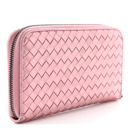 Bottega Veneta Metallic Nappa Intrecciato Zip Around Wallet Pink 3 of 9