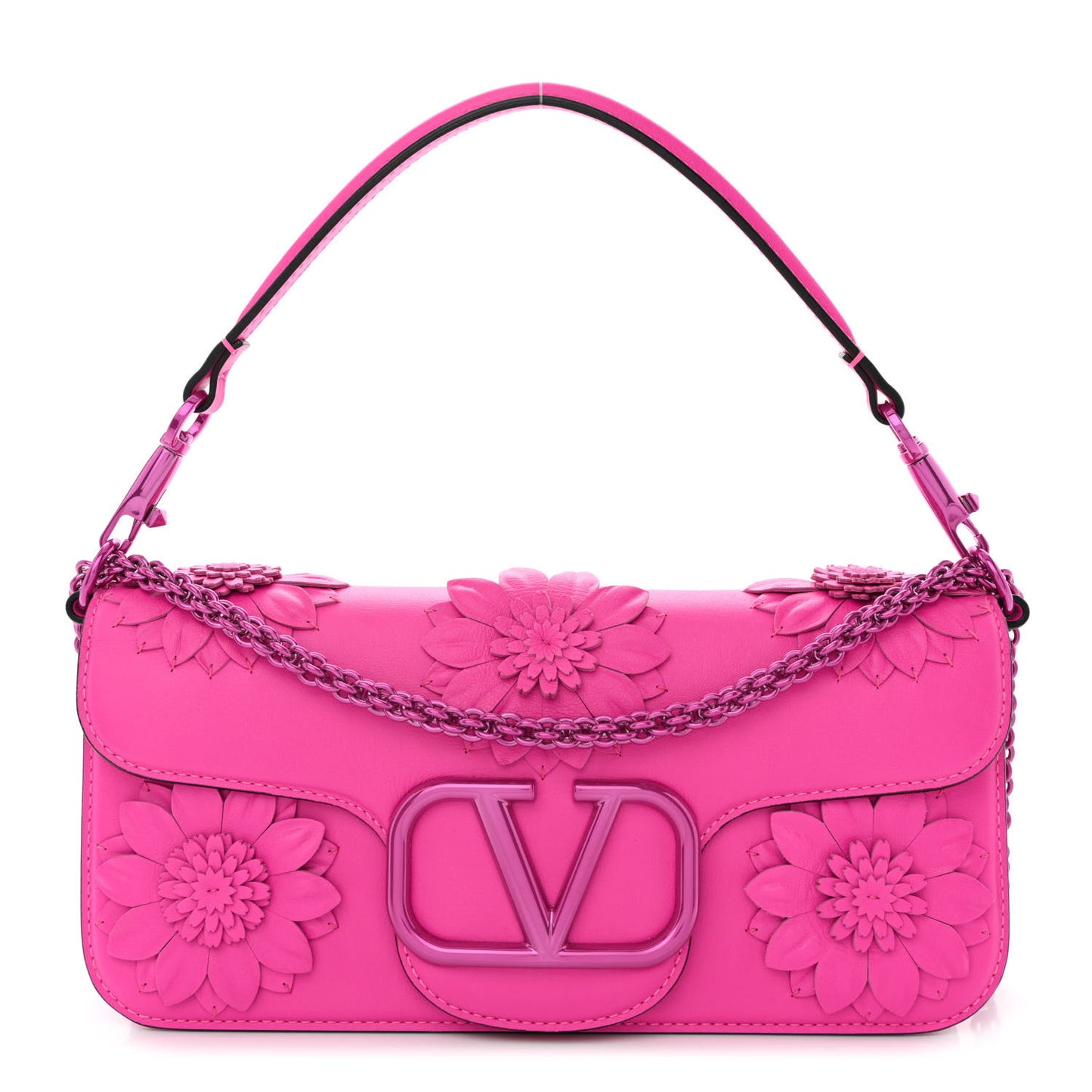 Calfskin Floral Embellished Monochrome Vlogo Loco Shoulder Bag Pink PP