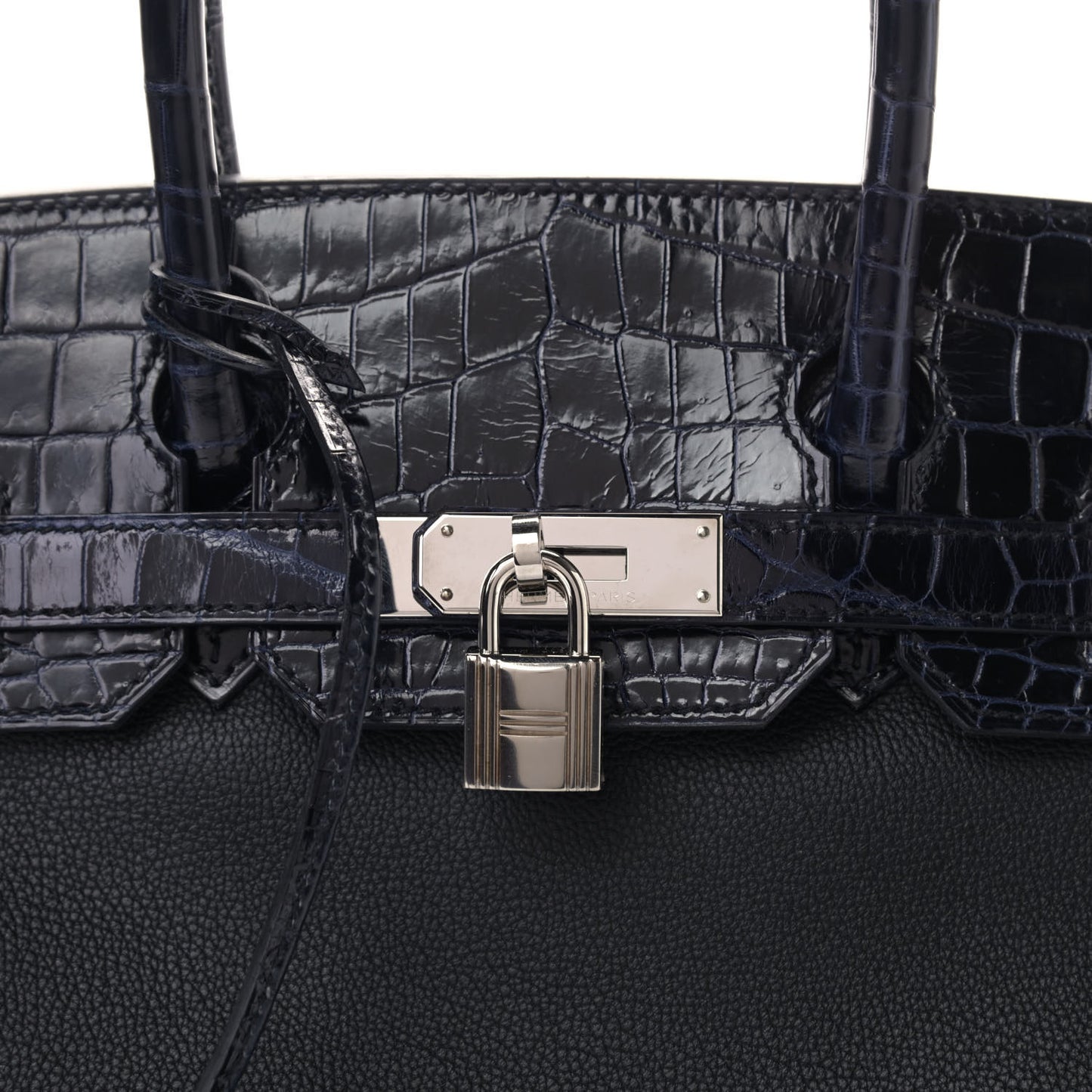 Taurillon Novillo Shiny Niloticus Crocodile Birkin Touch 30 Black Bleu Marine