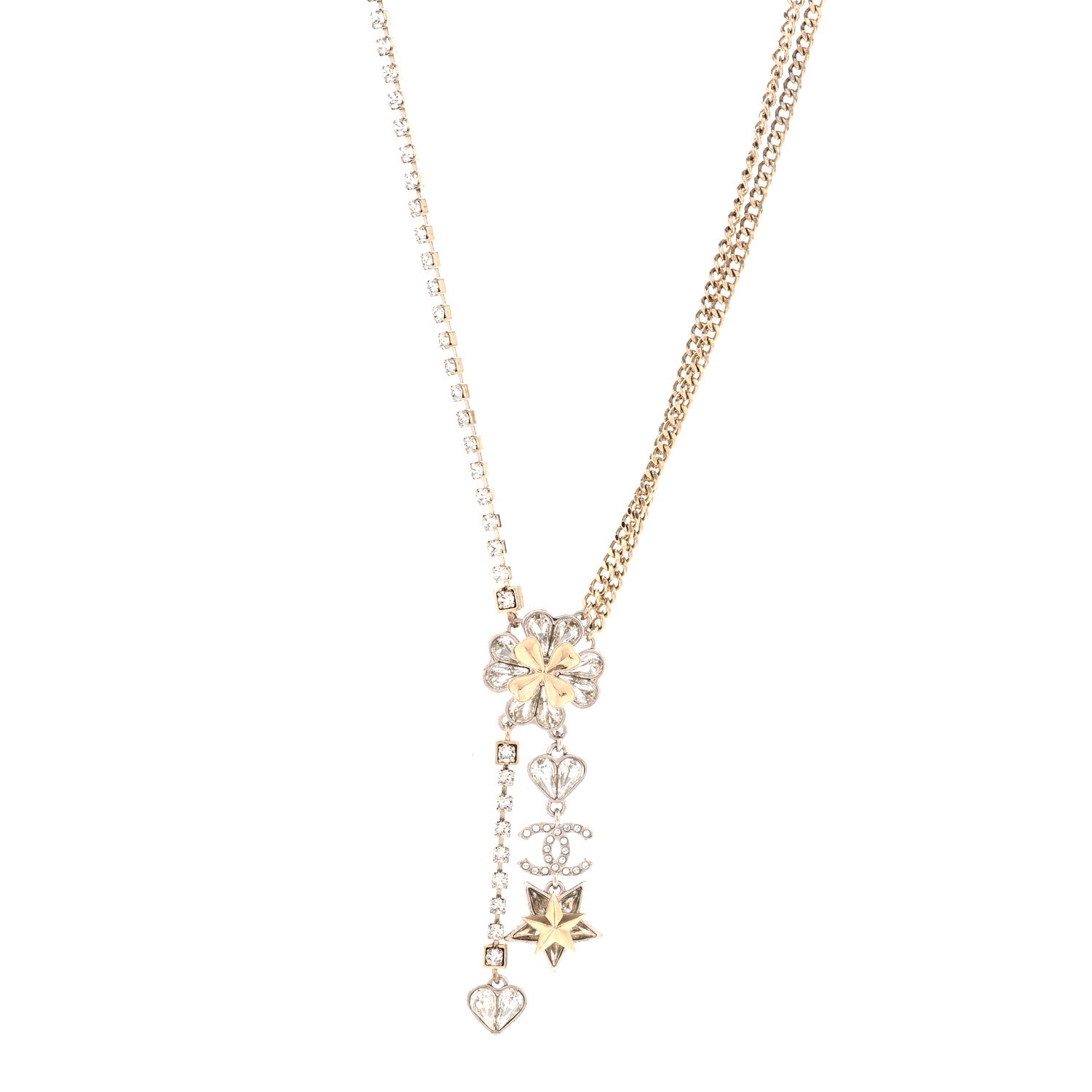 Chanel Crystal Clover Heart Star CC Drop Necklace Silver Gold 1 of 7