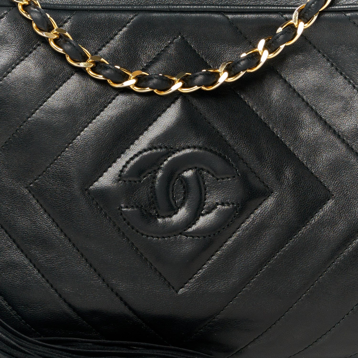 Chanel Lambskin Chevron Quilted Tassel Camera Case Black 10 of 12