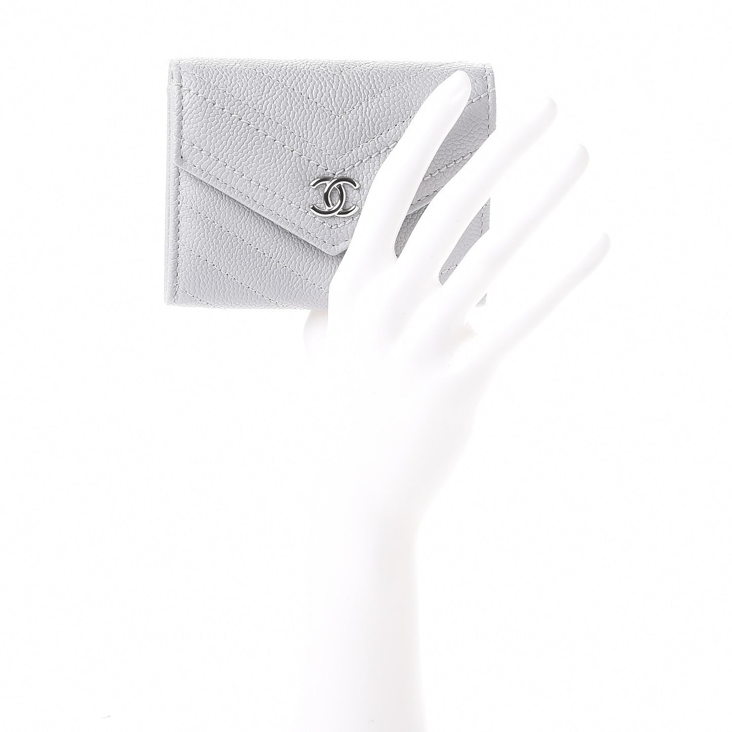 Caviar Chevron Quilted Card Holder Flap Wallet Grey