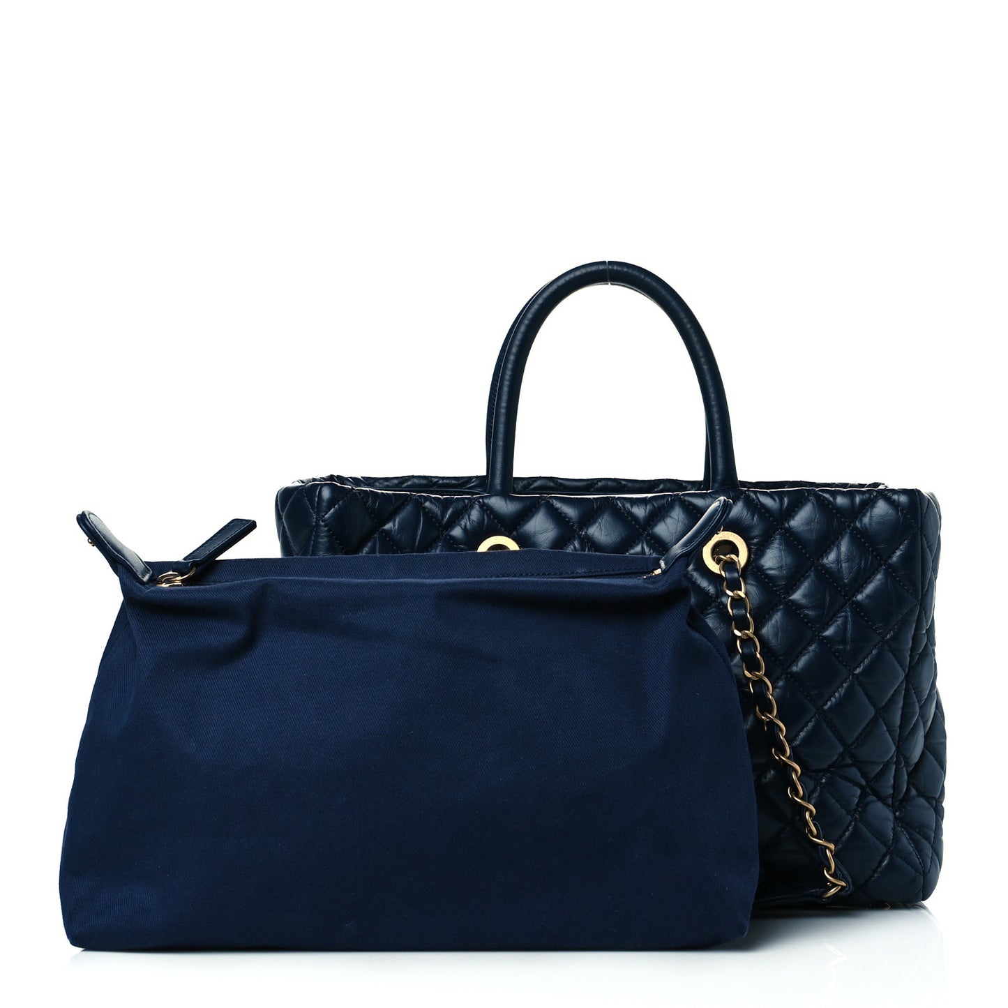 Aged Calfskin Quilted Large Coco Handle Shopping Tote Navy