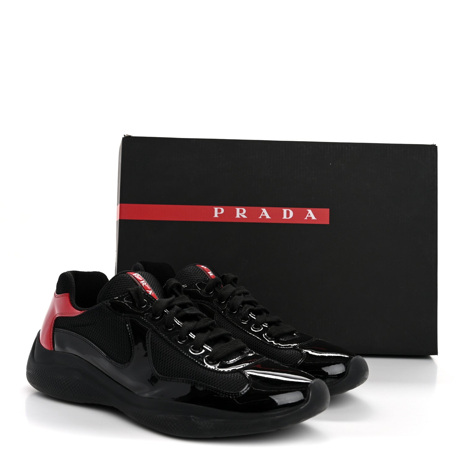 だみ Prada Patent Mens America's Cup Patchwork Sneakers 8 Black Red
