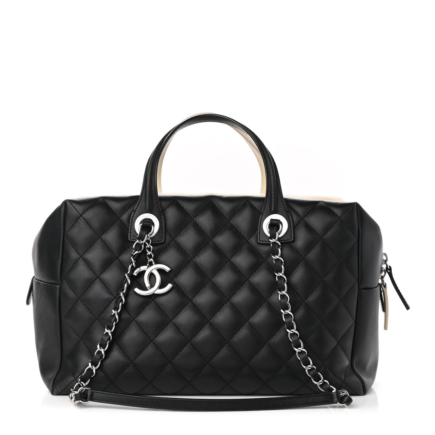 Calfskin Quilted Large Feather Weight Bowling Bag Black Ivory