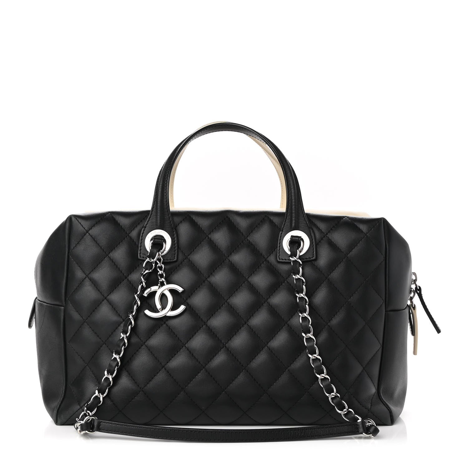 Chanel Calfskin Quilted Large Feather Weight Bowling Bag Black Ivory 1 of 12