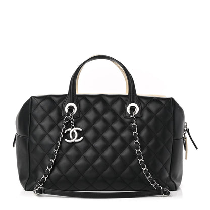 Chanel Calfskin Quilted Large Feather Weight Bowling Bag Black Ivory 1 of 12