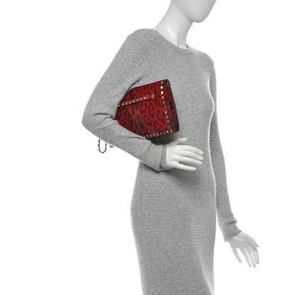 Valentino Garavani Calf Hair Leopard Print Rockstud Wristlet Clutch Red 2 of 8
