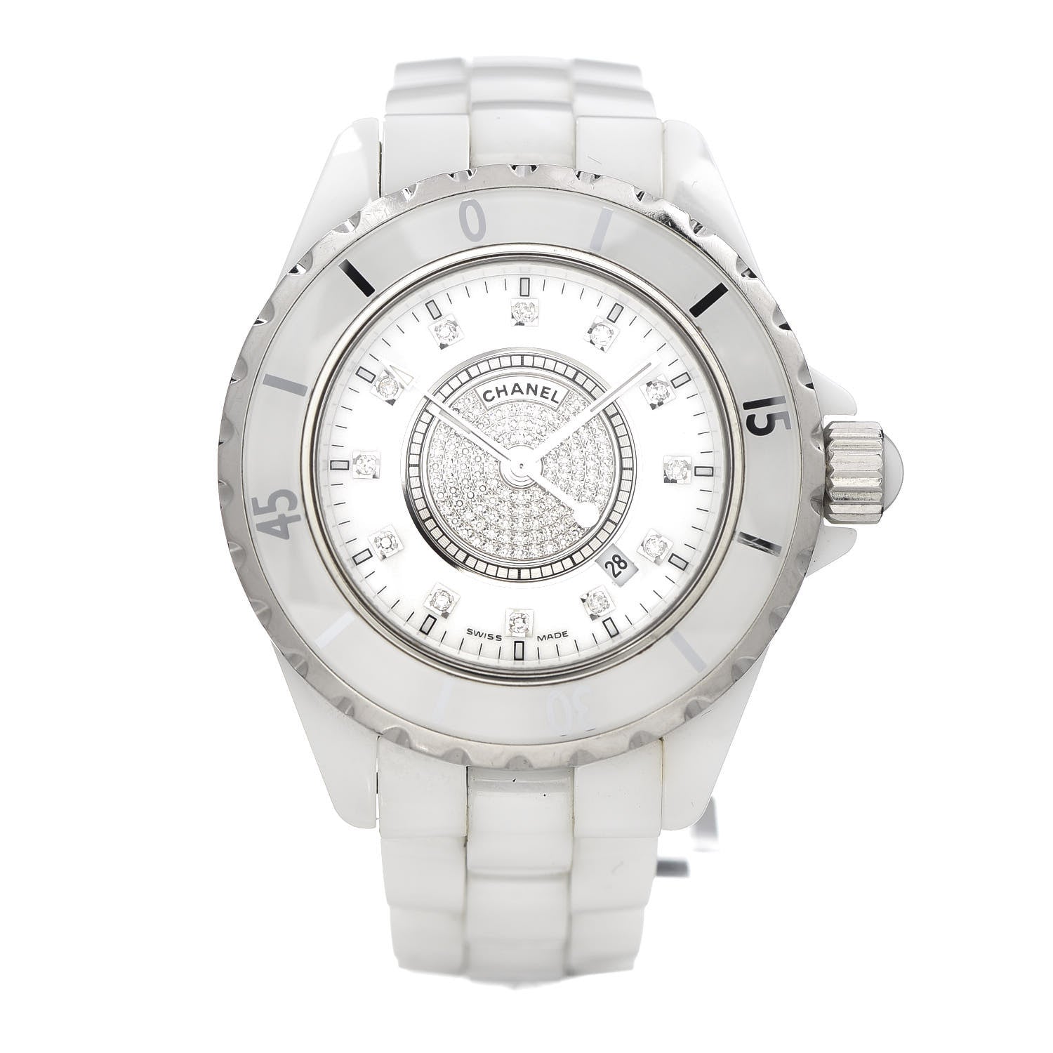 Chanel Stainless Steel Ceramic Diamond Dial 33mm J12 Quartz Watch White 1 of 8