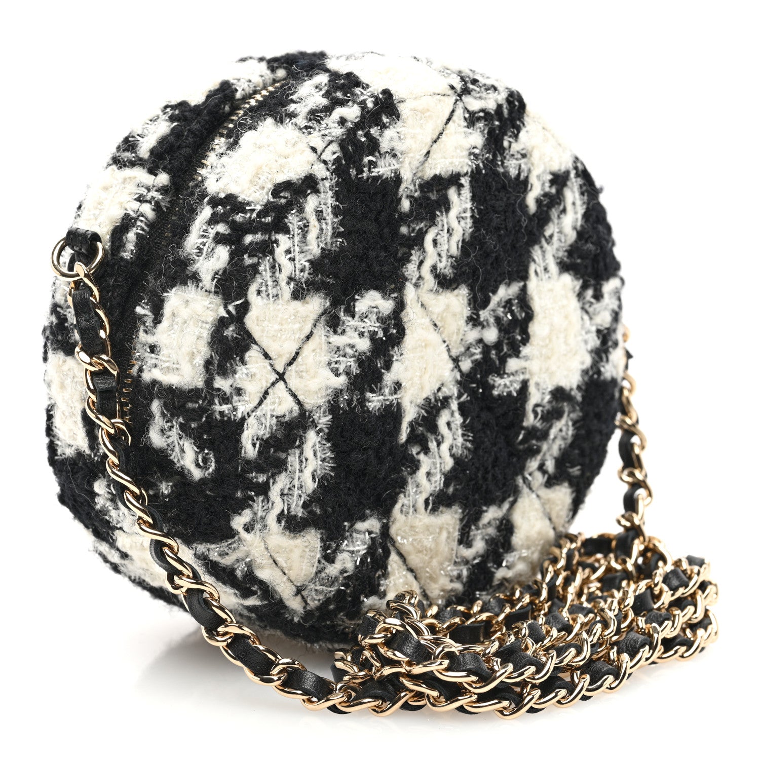 Chanel Wool Tweed Lambskin Quilted Round Clutch With Chain and Coin Purse Black White 4 of 12