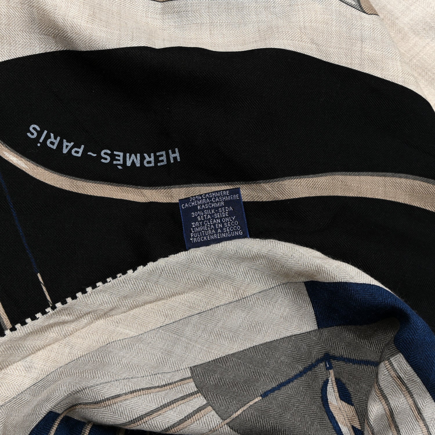 Hermes Cashmere Silk Arcs-En-Ciel  Giant Pointe Triangle Shawl Naturel Marine Black 3 of 5