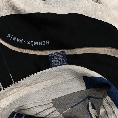 Hermes Cashmere Silk Arcs-En-Ciel  Giant Pointe Triangle Shawl Naturel Marine Black 3 of 5
