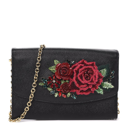 Dolce & Gabbana Dauphine Stampa Crystal Small Roses Wallet On Chain Black 1 of 9