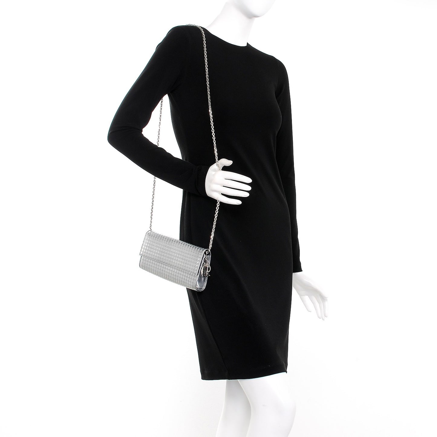 Metallic Patent Micro-Cannage Lady Dior Croisiere Chain Wallet Silver