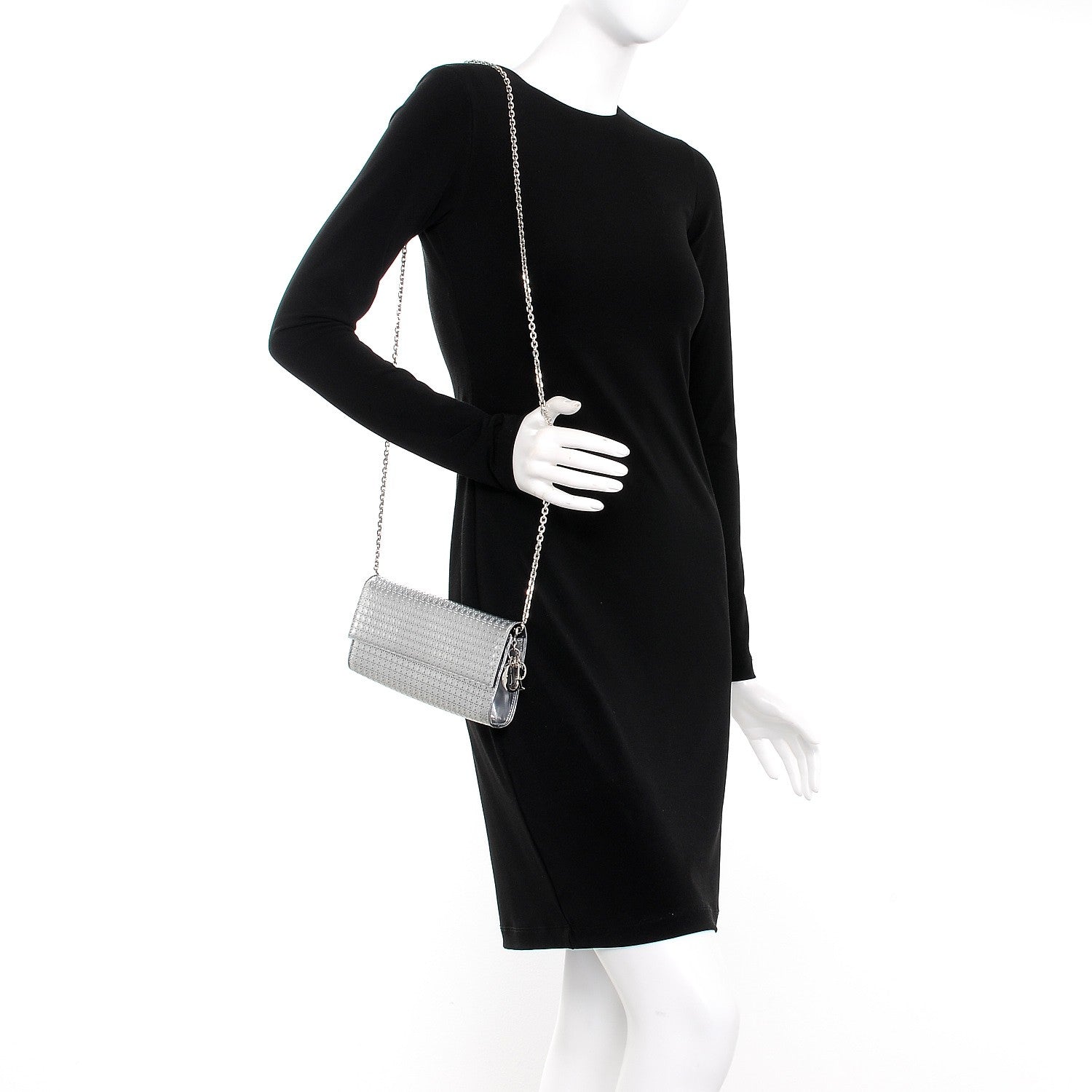 Christian Dior Metallic Patent Micro-Cannage Lady Dior Croisiere Chain Wallet Silver 2 of 7