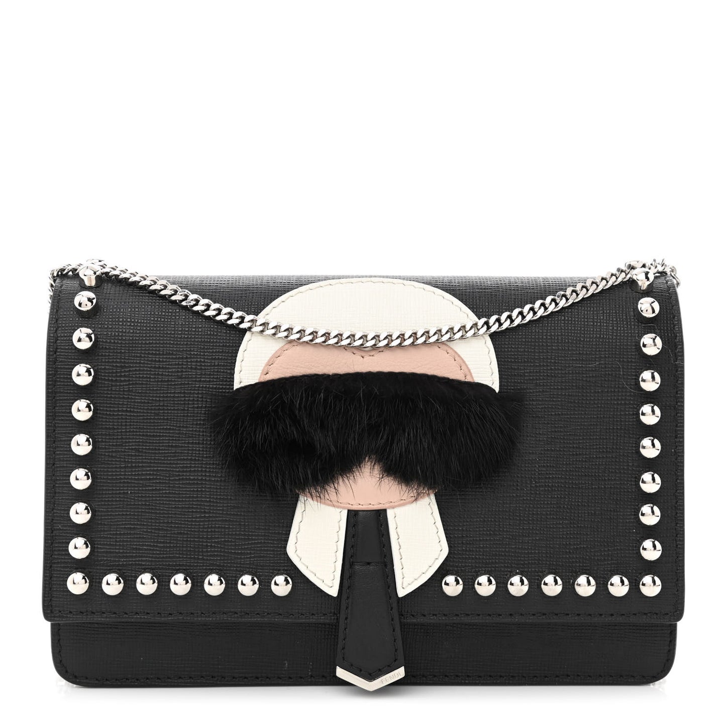 Vitello Elite Mink Fur Studded Karlito Tube Wallet on Chain Black