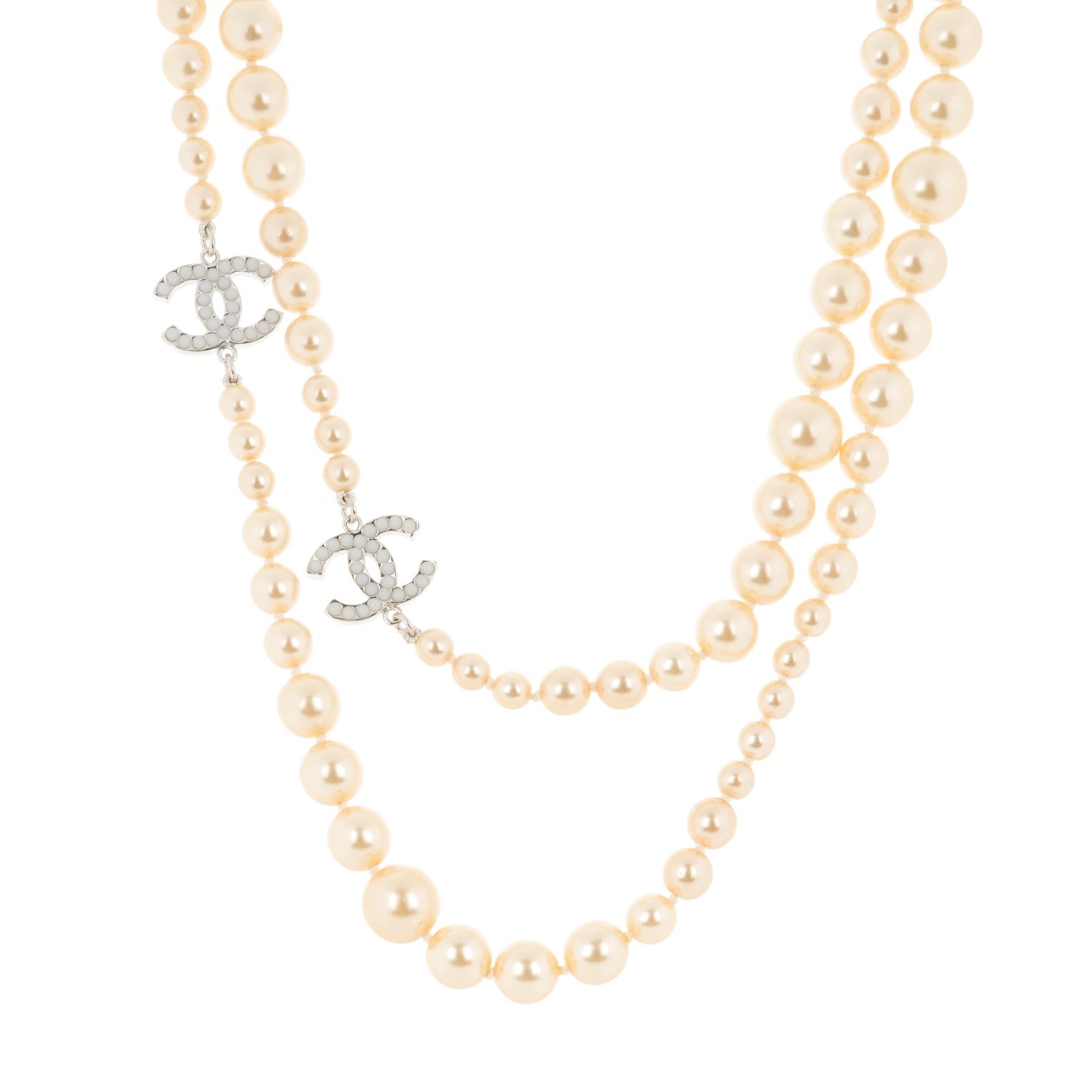 Chanel Graduated Pearl CC Long Necklace Silver 1 of 3