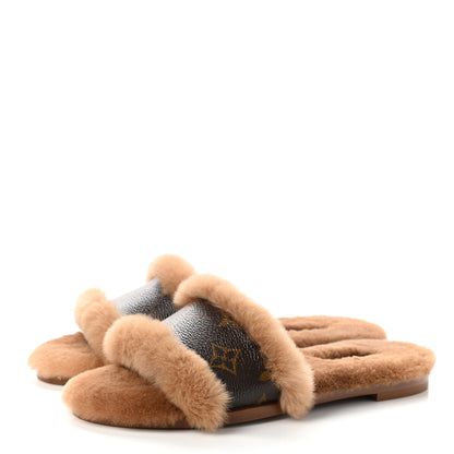 Louis Vuitton Mink Fur Monogram Lock It Flat Mule 35 Cognac 3 of 11