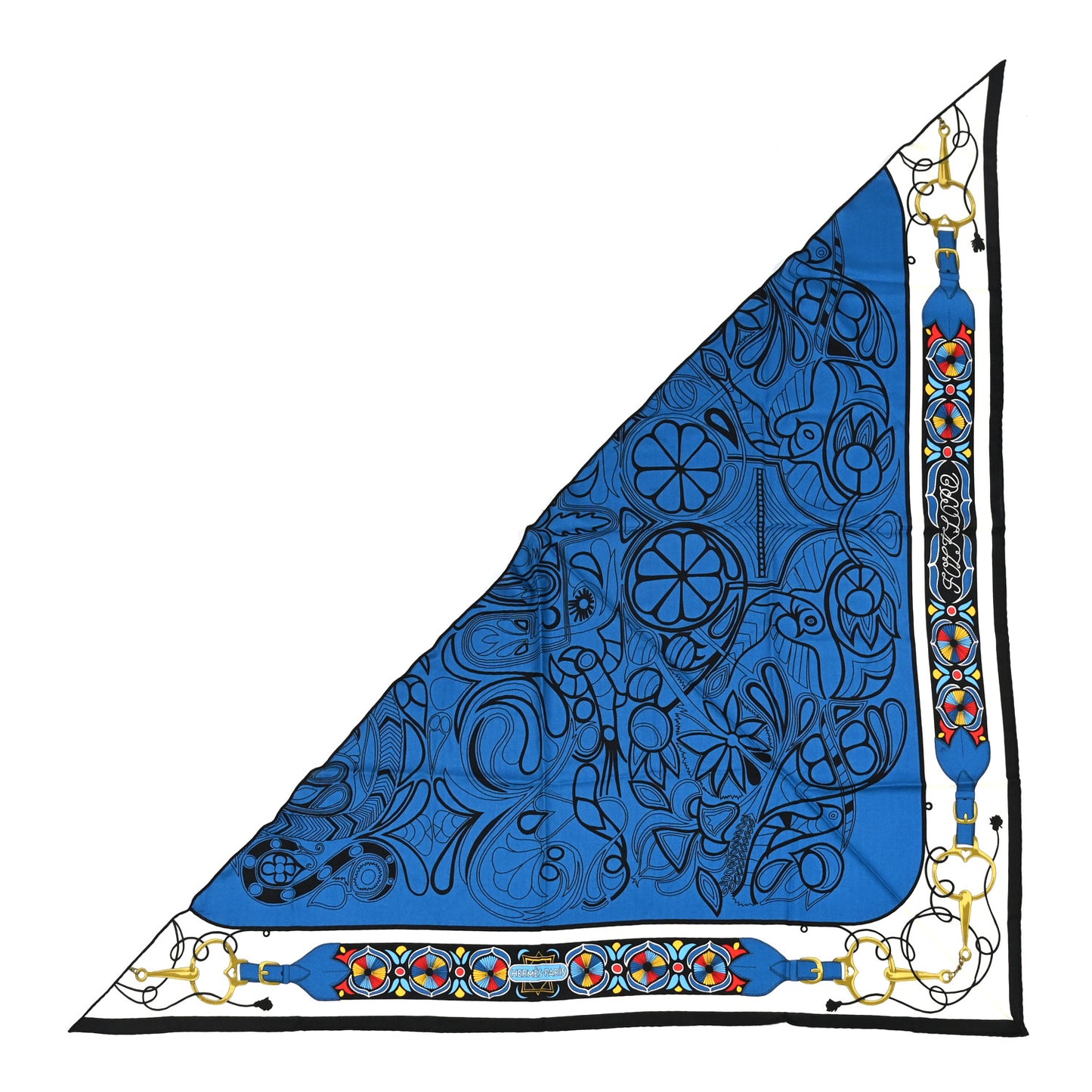 Cashmere Silk Folklore d'Henri d'Origny Giant Pointe Triangle Shawl Bleu Dur White Multicolor