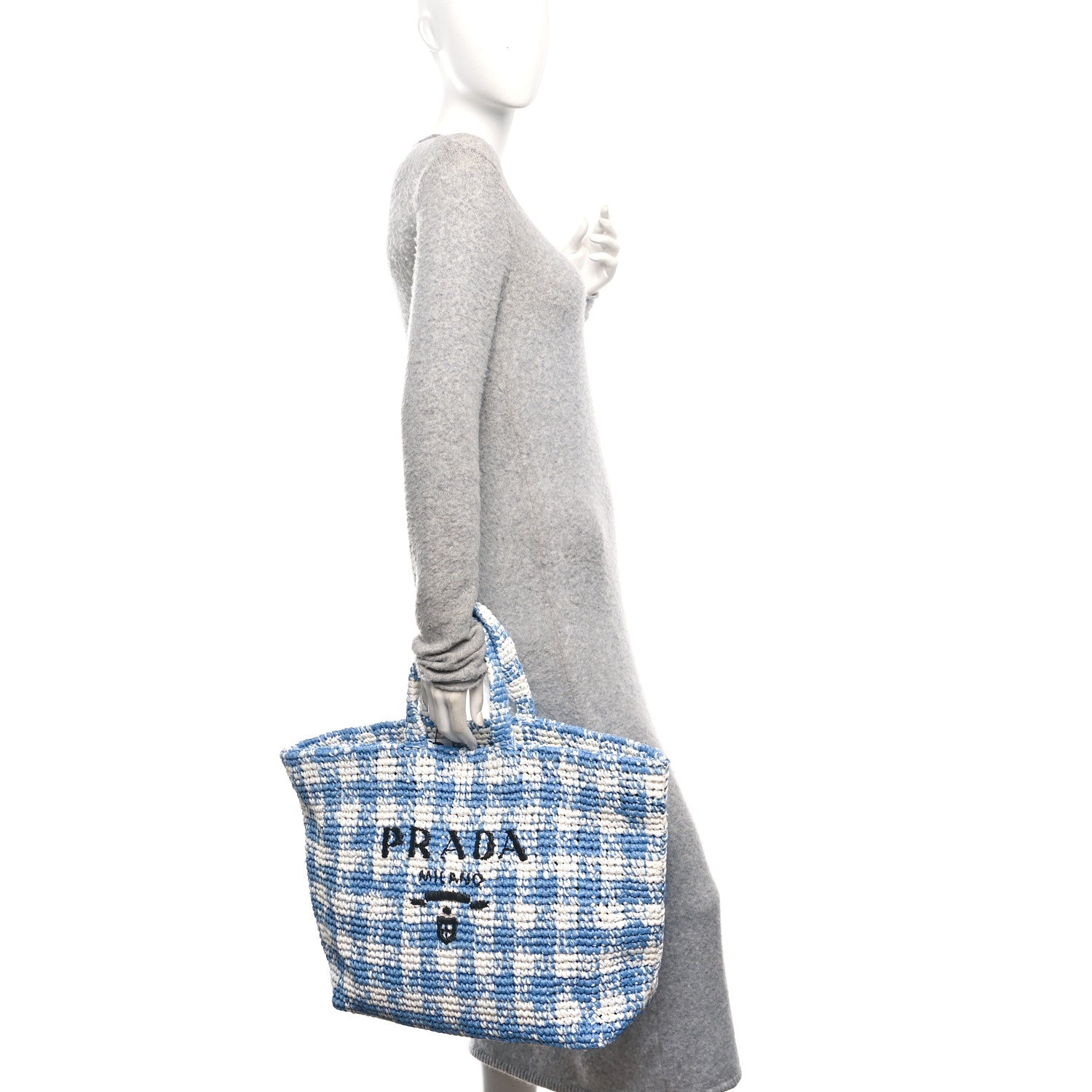 Prada Yarn Raffia Effect Crochet Embroidered Large Logo Tote Celeste 2 of 9