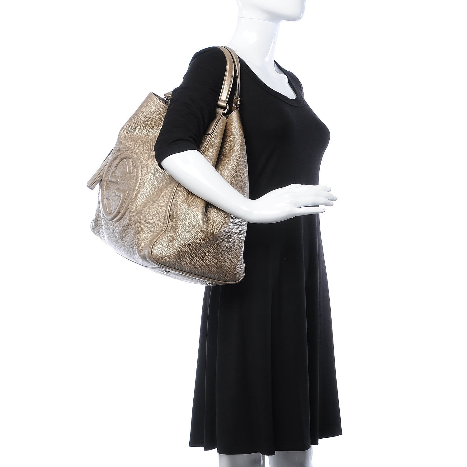 Gucci Metallic Pebbled Calfskin Large Soho Shoulder Bag Golden Beige 2 of 15