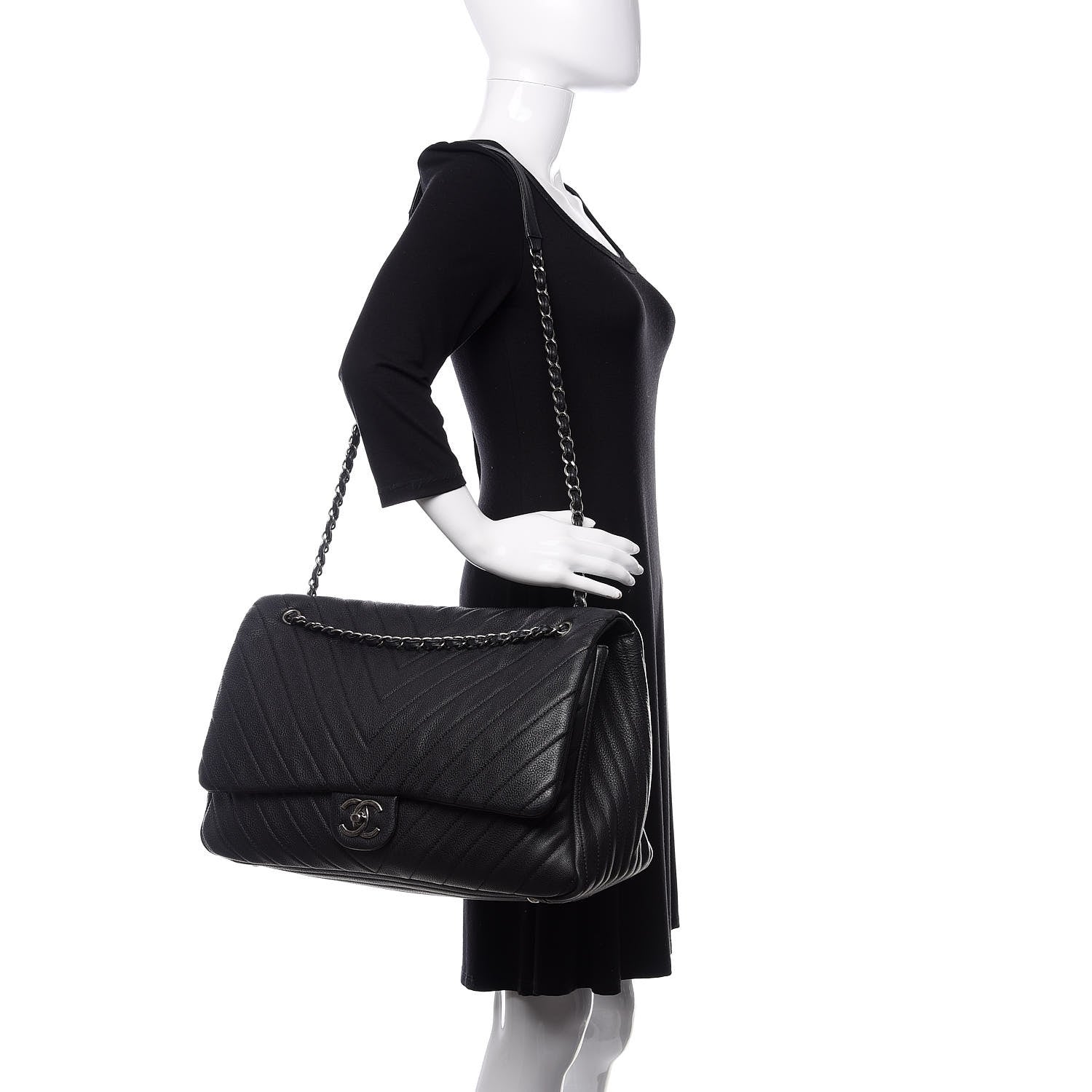 Chanel Calfskin Chevron Quilted XXL Travel Flap Bag Black 2 of 12