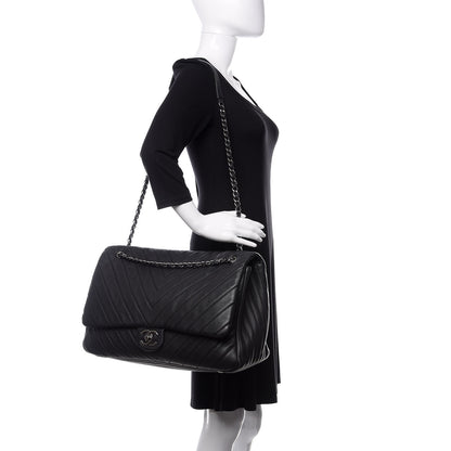 Chanel Calfskin Chevron Quilted XXL Travel Flap Bag Black 2 of 12